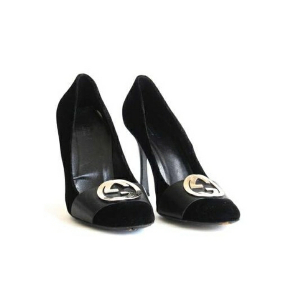 AUTHENTIC GUCCI BLACK VELVET STILETTOS SILVER LOGO